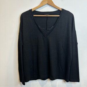 Dynamite Long Sleeve V-Neck Shirt with Lace Detail Black